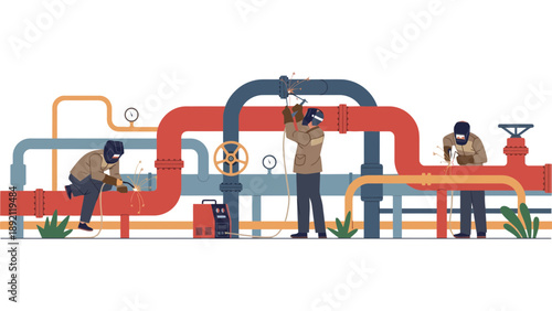 Three workers in hard hats inspecting and maintaining large industrial pipes