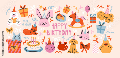 Birthday party animal stickers in retro cartoon style. characters: cat, dog, bunny, duck, horse, cake, gifts, balloons, candles, party hats, confetti, festive celebration elements, playful birthday