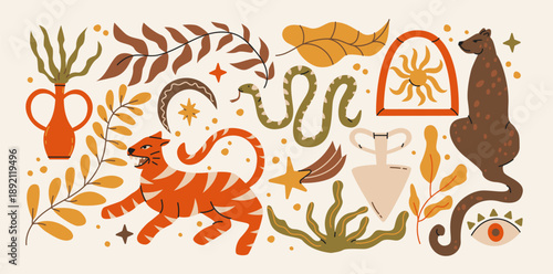 Mystical boho tropical forest animals, plants, moon, sun.Ethnic magical symbols for spiritual illustration, folklore fairy tale, magical mysterious enigmatic forest. Nature bohemian decoration 