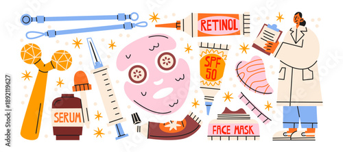 Cosmetology skincare stickers in retro cartoon style. Serum, retinol, face mask, injection and dermatology treatment elements for beauty clinic, aesthetic medicine, facial care procedures