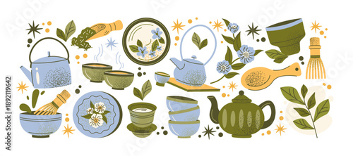Traditional Chinese tea ceremony set in retro cartoon style. Teapots, cups, tea bags, herbal leaves, kettle, spoon and brewing accessories. Cultural illustration of Chinese gongfu tea ritual. Vector 