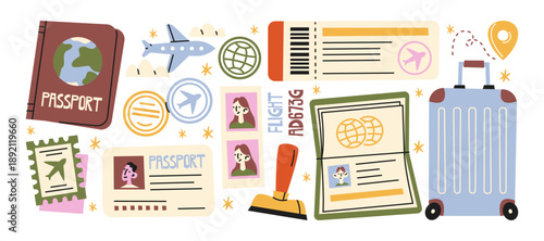 Travel documents and passport control stickers in cartoon style. Visa approval, airport travel paperwork, tickets, luggage, boarding pass, immigration stamps for tourism journey preparation and trip 