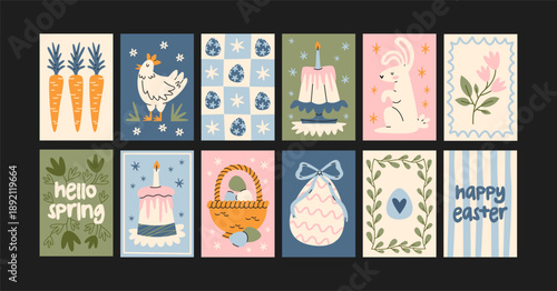 Easter posters with spring holiday illustrations featuring bunny, eggs and floral elements for seasonal decoration. Festive postcard collection for greeting cards, wall decor and holiday banner design