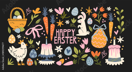 Easter holiday stickers in retro cartoon style. Festive elements: eggs, bunny, chicken, candle, cake, flowers. Christian celebration of resurrection, faith symbols, church tradition and spring religio