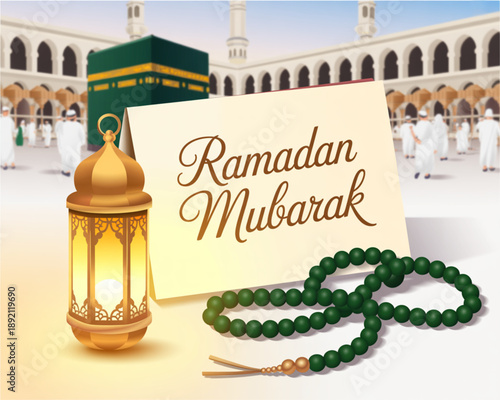 Ramadan mubarak greeting with lantern and prayer beads in front of the holy kaaba