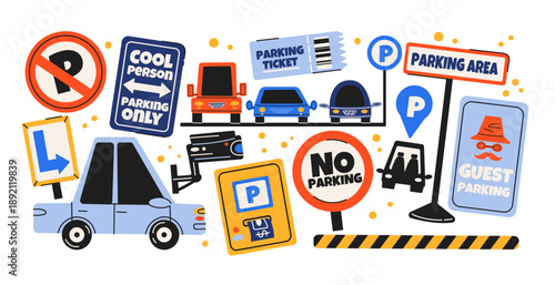 Parking service icons in retro cartoon style. Cars, parking signs and ticket elements, urban transport symbols and navigation graphics, everyday city infrastructure visuals, simple road guidance