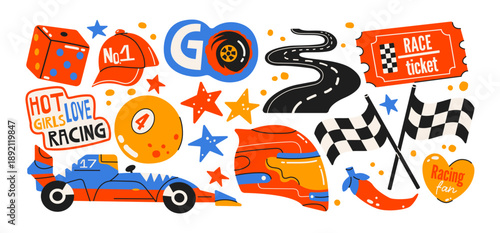 Racing cars and motorsport sticker set in retro cartoon style. Speed, trophy, flags, helmet, gloves and cones for auto competition and championship design. Sport collection about drive and victory
