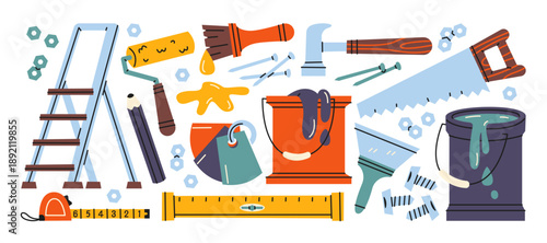 Home repair stickers with renovation and construction tools including hammer, ladder, paint bucket, saw and measuring equipment for house maintenance, DIY renovation, rebuilding and improvement projec