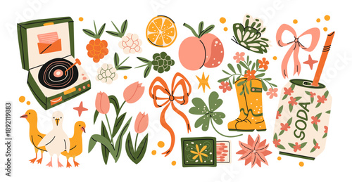 Spring lifestyle stickers in retro cartoon style with tulips, ducklings, vinyl player, soda can, boots, fruits, bows, flowers and seasonal nature elements for cheerful springtime doodle shapes