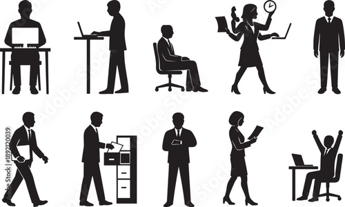 Business Office Work Silhouette Set – Professional People Working Poses Vector
