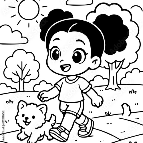 little girl on a walk with her puppy 