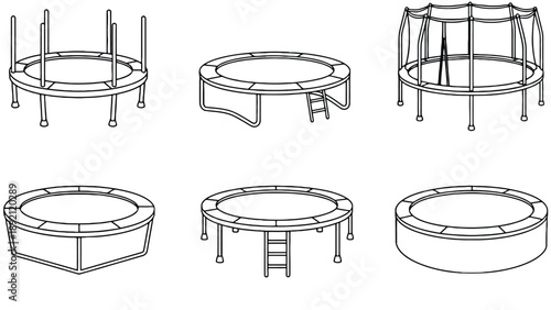 A detailed illustration of various trampoline designs and styles for kids