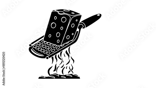 A black and white illustration of a cheese grater with melted cheese