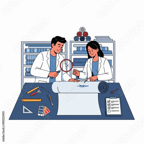 Two Scientists Examining Microscopic Detail on a Blueprint Paper with Magnifying Glass Tools and Lab Coats