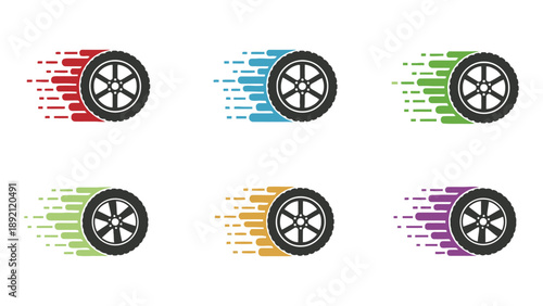 Six stylized car tires with colorful motion streaks on a white background.