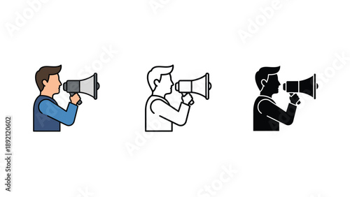 Three men with megaphones in different colors and styles communicating loudly