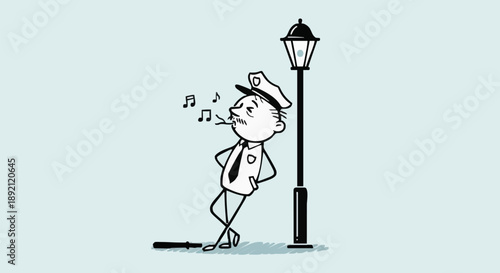 Cartoon Policeman Whistling Leaning on Lamppost.