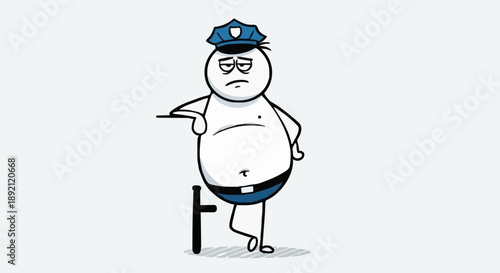 Cartoon policeman with a tired expression leaning on a post.