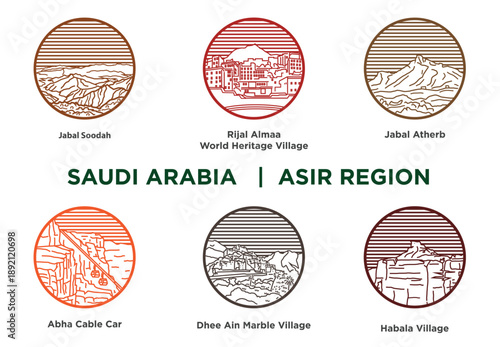 Asir Region Places and Tourist Destinations in Outline Art and Circular Frame