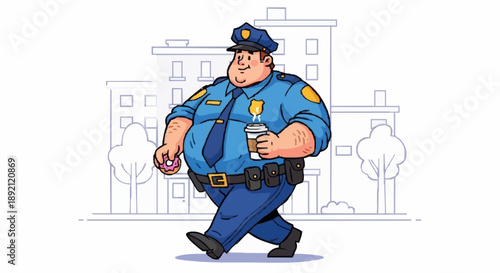 Cartoon Police Officer Walking with Coffee and Doughnut.