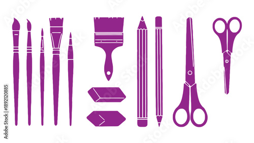 A collection of purple art supplies on a white background
