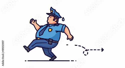 Cartoon Policeman Walking With Sweat Droplets.