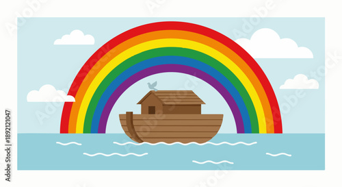 Flat vector illustration of God’s covenant with Noah, featuring a large rainbow arching across the sky above Noah’s ark resting on calm water, clear sky with minimal clouds.