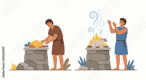 Flat vector illustration of Cain and Abel presenting their offerings at two simple altars, one altar with rising smoke and the other without, two male figures in contrasting postures. Bible story