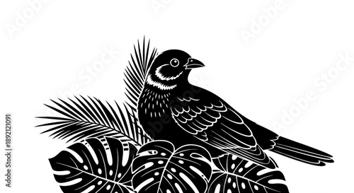 A black and white vector illustration of a wild bird of prey or raven silhouette with a sharp beak and feathers perched on a nature branch in a clean wildlife art design
