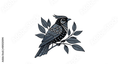 A black and white vector illustration of a wild bird with detailed feathers and wings perched on a nature branch as a symbolic wildlife animal design