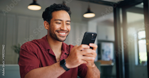 Cuadro en lienzo Home, smile and man with smartphone for app, comment or typing on social media forum on weekend