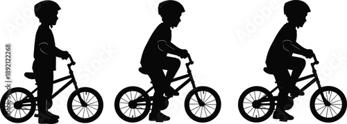 Sequence of child bicycle silhouettes showing boy learning to ride a bike with helmet, cycling motion stages isolated on white background illustration