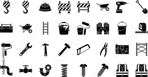 Set of black construction tool and safety equipment icons showing industrial builder gear and worksite tools silhouettes isolated on white background for design