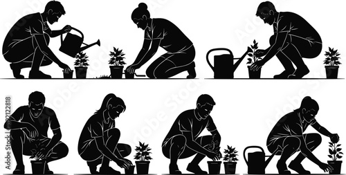 Set of gardening people silhouettes planting and watering plants, male and female gardeners working with flowers illustration isolated on white 