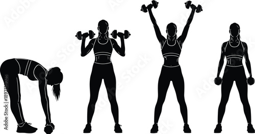 Set of strong woman fitness silhouettes lifting dumbbells, female strength training and workout routine illustration isolated on white background, representing power, health, and active lifestyle