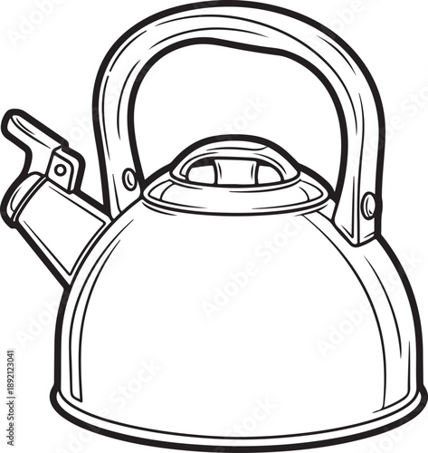 Detailed line art illustration of a stainless steel whistling kettle, ready to boil, perfect for kitchen and cooking themes. , Generative Ai