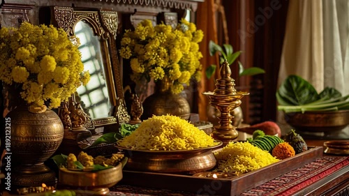 Traditional Vishu Kani Arrangement with Yellow Flowers and Sacred Items for Malayali New Year Celebration