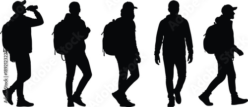 Set of traveler man silhouettes with backpack in different walking poses, tourist hiking lifestyle illustration isolated on white background, representing adventure, journey, and outdoor exploration