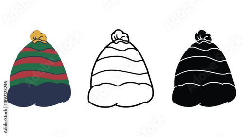 Three colorful beanies with different designs on a white background
