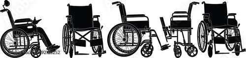 Set of wheelchair silhouettes from multiple angles, mobility aid and disability equipment illustration isolated on white background, representing 