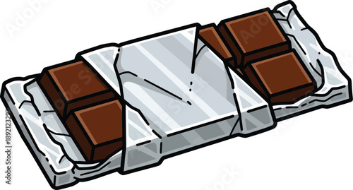 Open chocolate bar with foil wrapper, illustration, food concept