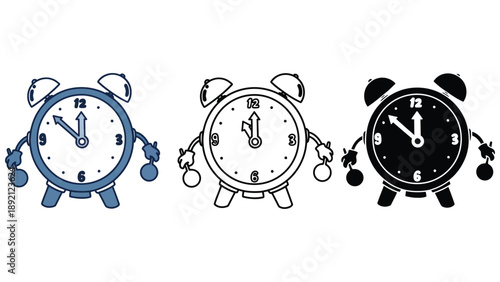 Three colorful alarm clocks in different styles on a white background