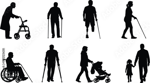 Silhouettes of elderly people adults and families showing walking aids wheelchair stroller and parent child care scenes isolated on white background for healthcare and social concepts