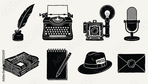 Vintage Journalism and Press Tools Icon Set in Black and White Woodcut Style