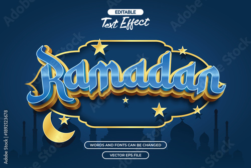 3d Ramadan editable text effect with moon and stars decoration and with silhouette of the mosque in the background