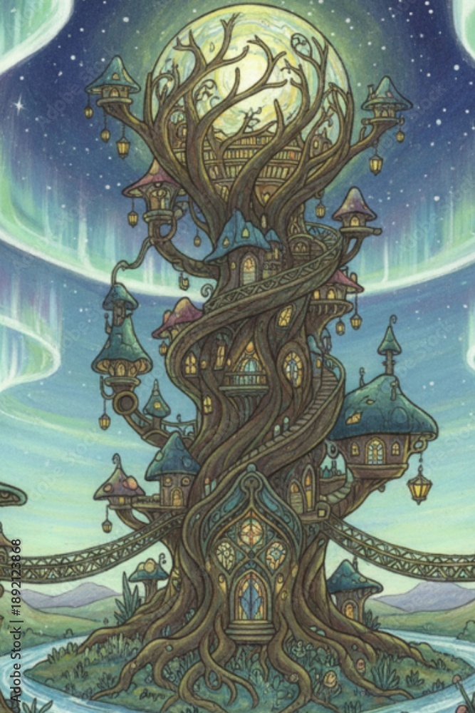 Fototapeta premium Enchanted Tree Village Under Moonlight Fantasy Illustration