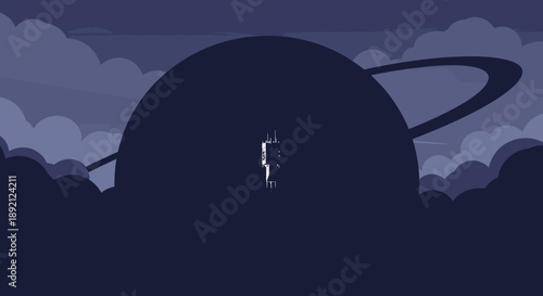 A solitary space traveler hovers weightlessly before a magnificent, ringed celestial body, its enigmatic presence dominating the deep cosmic void.