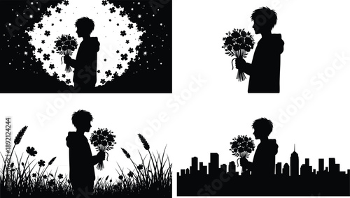 Silhouettes of person holding bouquet in varied settings—nature, city, abstract—highlighting emotional contrast, environment diversity, and floral symbolism in black and white style.