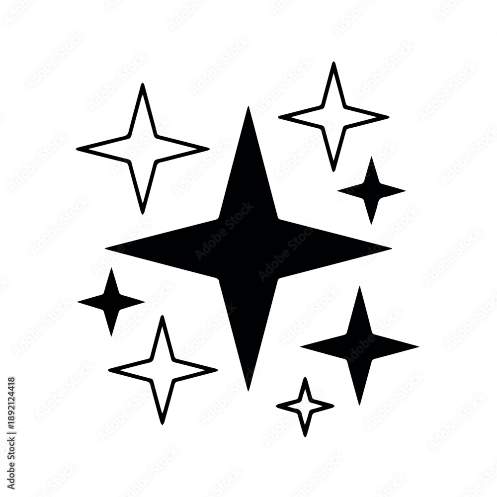 Obraz premium A dynamic cluster of various four-pointed and five-pointed star shapes, some solid black and others outlined, scattered artistically on a white background.