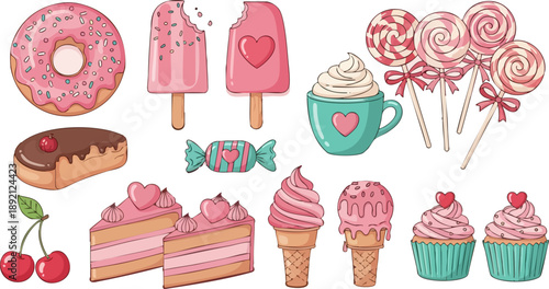Collection of cute pixel art illustrations featuring various pink sweet treats including donuts popsicles lollipops cupcakes cakes ice cream cones and wrapped candies for confectionery designs.